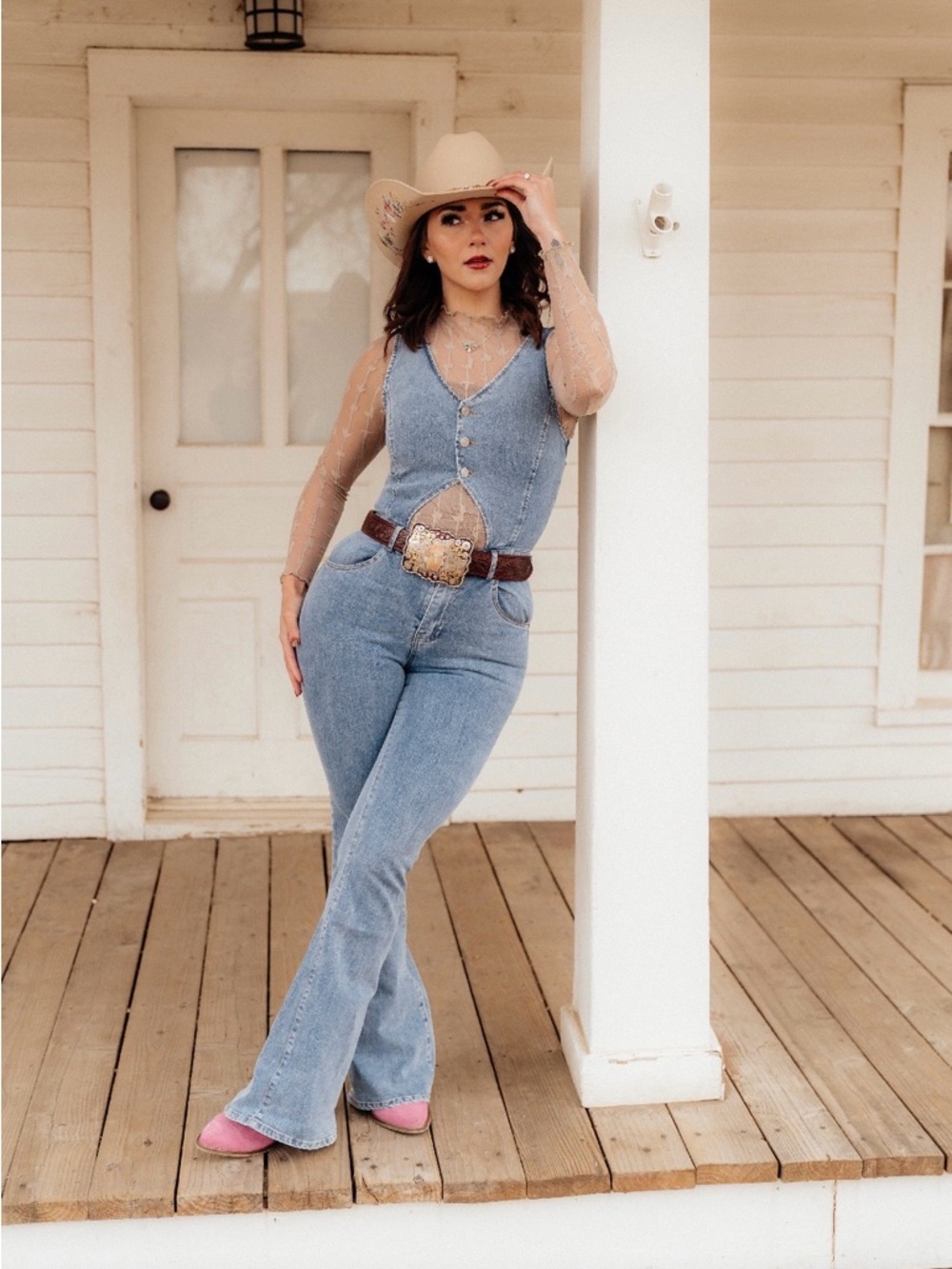 Denim Western Cutout Jumpsuit Size L